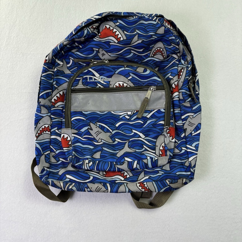 L L Bean‎ Kids Original Backpack Blue Shark Print School Book Bag 13x11x8